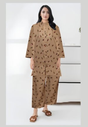 French Beige 2 Piece Stitched Soft Linen Print Suit