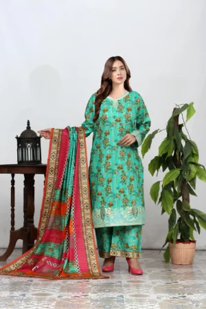 Elf Green 3 Piece Stitched Embroidered Lawn Suit with Print