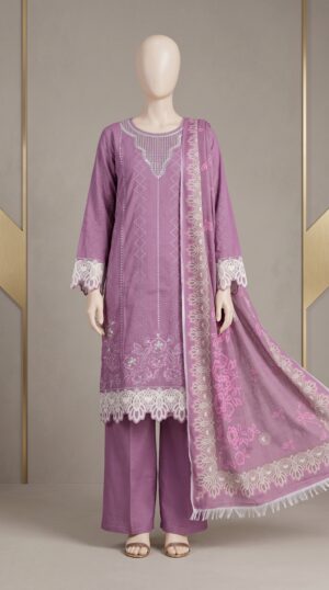 Lavender Purple - 3 Piece Cotton Lawn Suit-Embroidered-Stitched